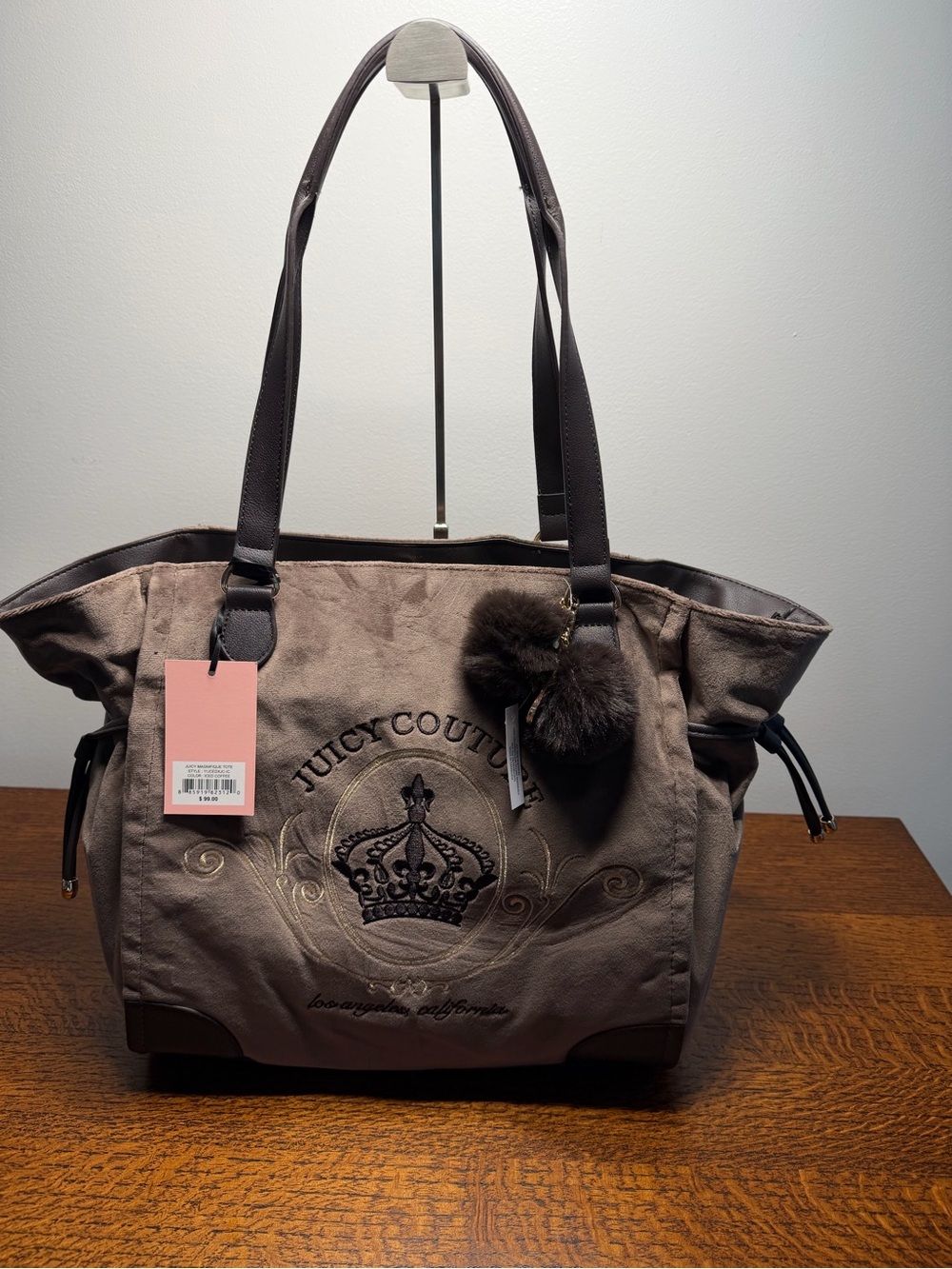 Juicy Couture Upgrade U Daydreamer Tote Bag Taupe Brown Crown Pom Pom